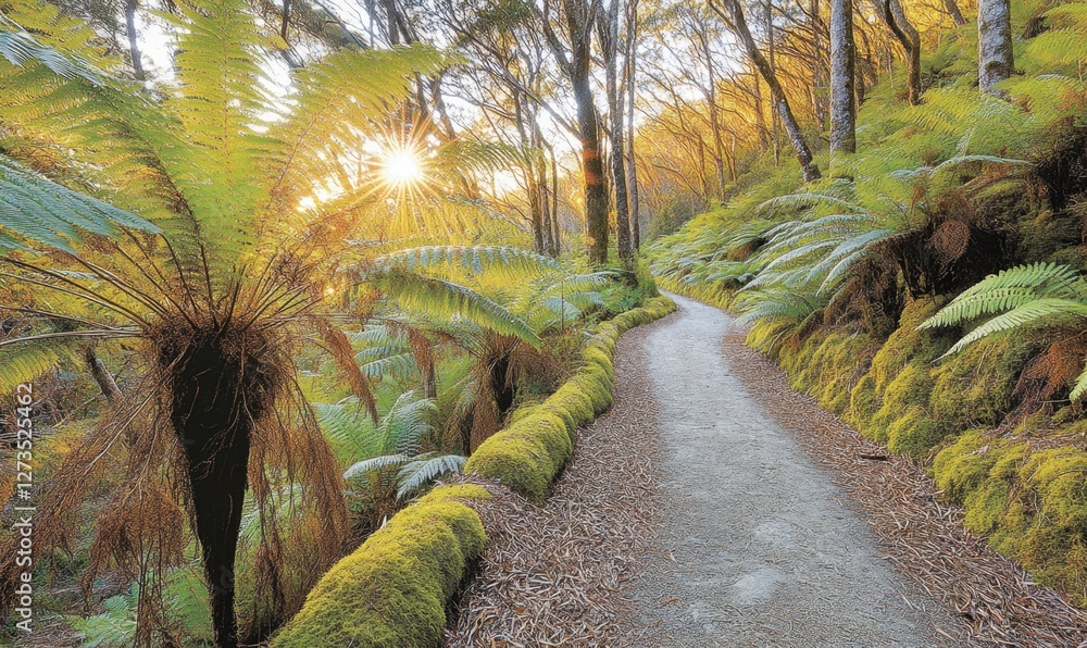Poster serene forest path winding through vibrant ferns and sunlit trees in a tranquil setting