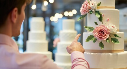 Man admiring tiered wedding cakes decorated with pink roses
