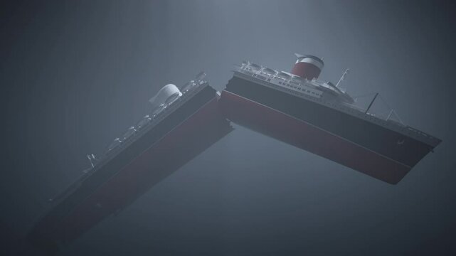 Giant cruise ship broken in half sinking underwater. Ship after an accident falling down into the deep ocean.
