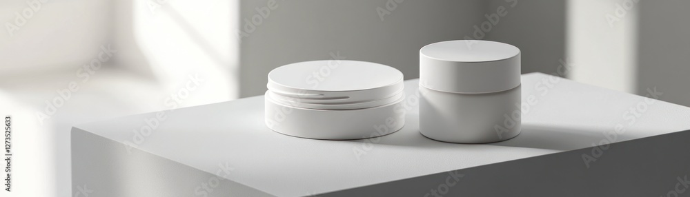 Poster two white cosmetic containers are displayed on a simple surface