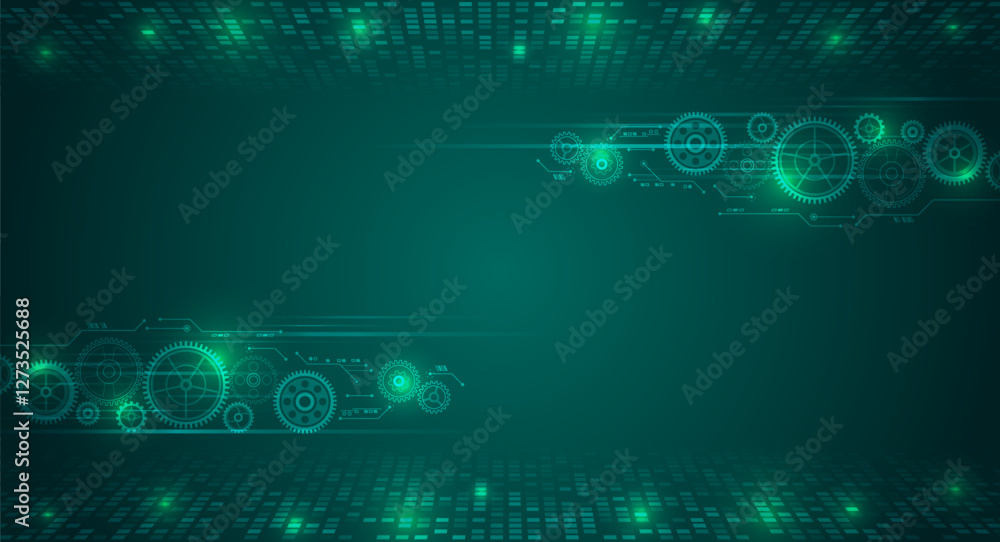 Poster The mechanism consisting of gears on a green background for the presentation. Cogwheel for science experiment presentation. Mechanical engineering concept. Business and industry internet banner.