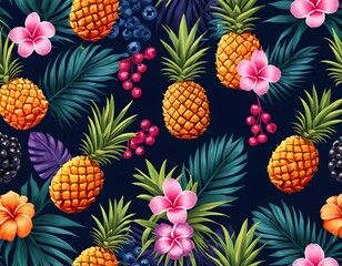 Tropical Paradise Seamless Pattern of Pineapples, Flowers, and Berries