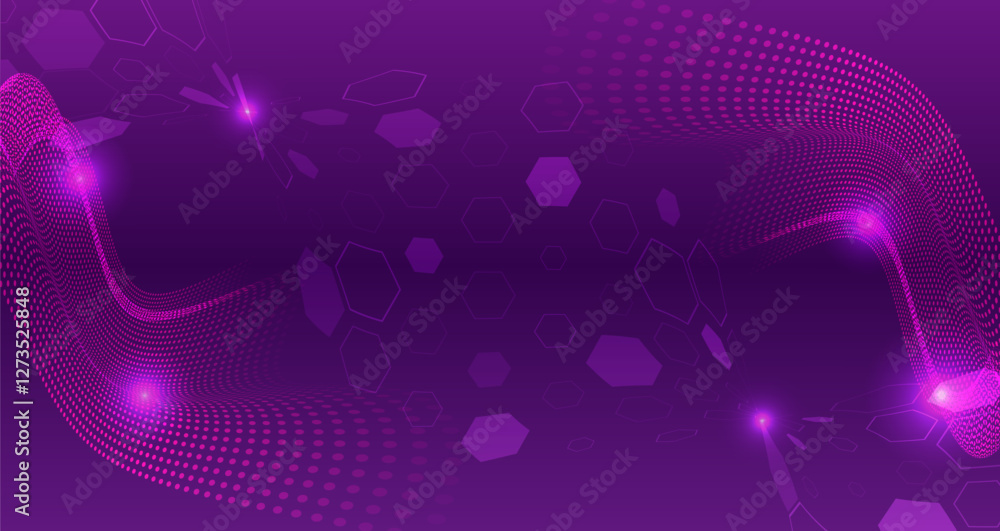 Poster Polygonal abstract composition. Purple molecular background for the presentation of health, medical or technical topics. Geometric background from hexagonal objects, lines and shadows.