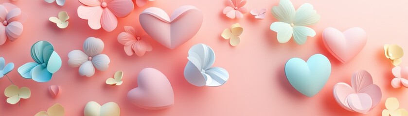Pastel hearts and flowers elegantly float on a pink surface