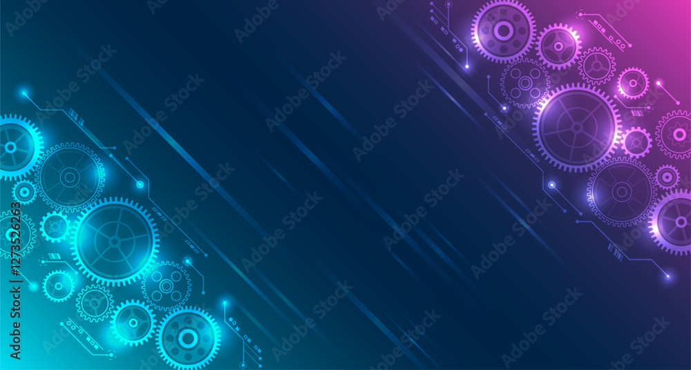 Poster Business and industry internet banner. The mechanism consisting of gears on a purple background for the presentation. Cogwheel for science experiment presentation. Mechanical engineering concept.