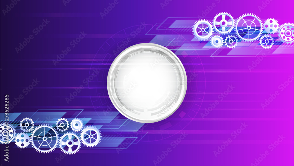 Poster Cogwheel for science experiment presentation. Mechanical engineering concept. Business and industry internet banner. The mechanism consisting of gears on a purple background for the presentation.