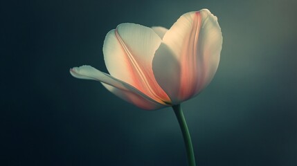 A poetic still-life of a single tulip, softly illuminated, with its petals opening in slow motion, captured in long-exposure photography