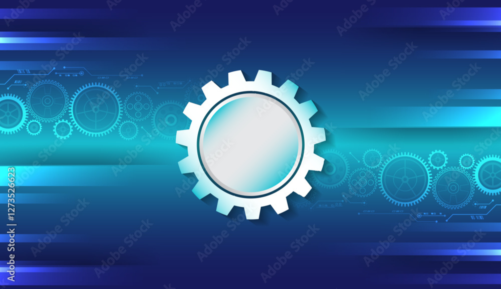 Poster Business and industry internet banner. The mechanism consisting of gears on a blue background for the presentation. Cogwheel for science experiment presentation. Mechanical engineering concept.