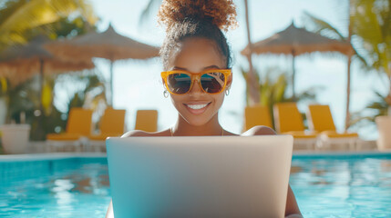 woman is focused on her laptop by pool, wearing stylish sunglasses and smiling. scene is vibrant and tropical, perfect for relaxation and productivity