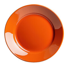 Orange round ceramic plate shown from side view isolated on transparent background