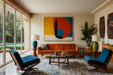 mid century scandinavian interior design of modern living room with colorful multicolored furniture