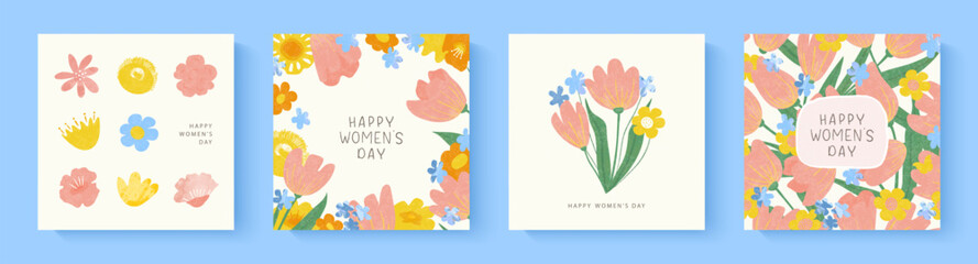 Happy Women's Day March 8. Set of cute cards with flowers. Hand drawn floral templates for spring holiday. Vector illustration. © Liliya