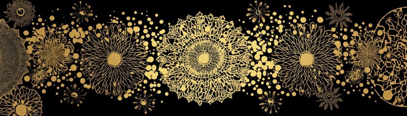 Elegant golden floral mandala patterns on a stark black background