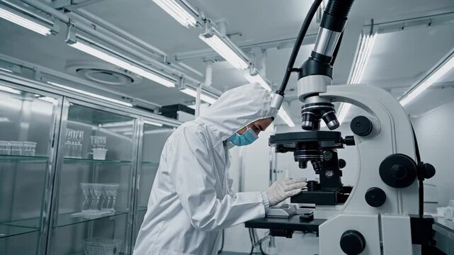 Doctor conducting research in a cleanroom.
