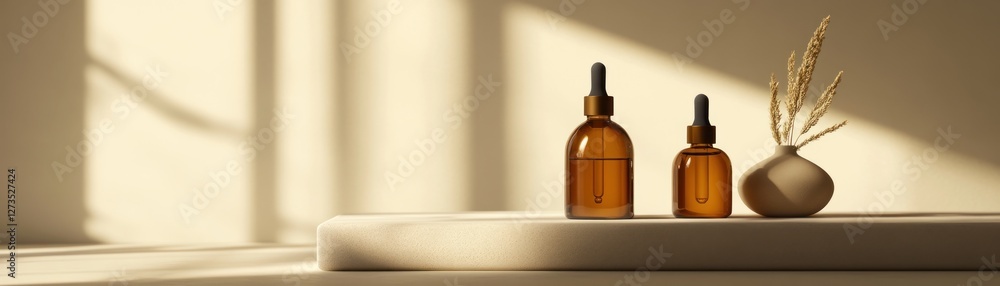 Poster amber dropper bottles and vase with dry grass on platform