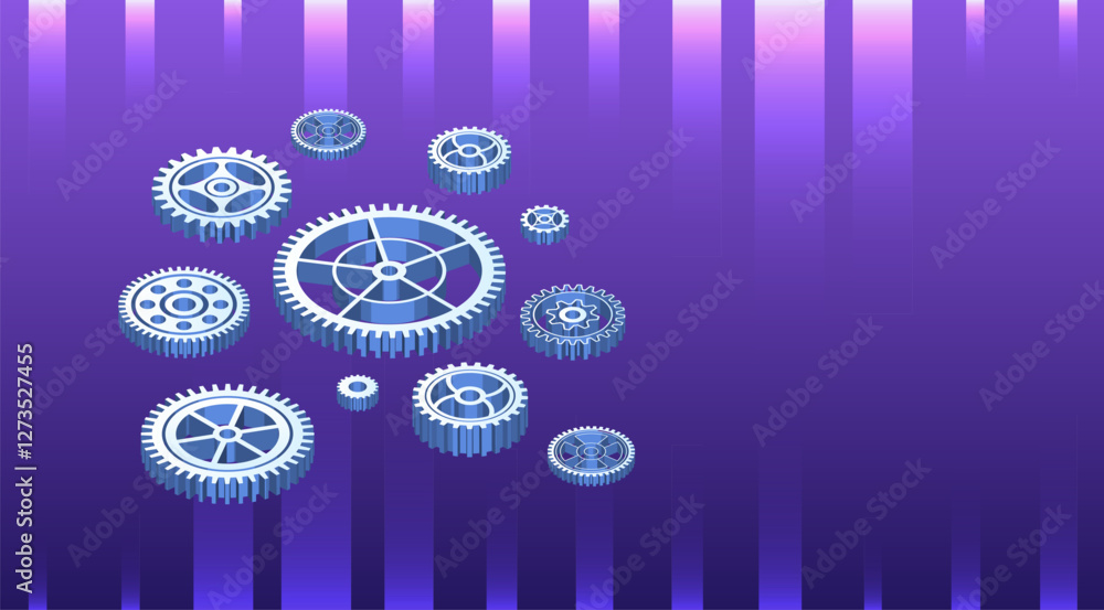 Poster Cogwheel for science experiment presentation. Mechanical engineering concept. Business and industry internet banner. The mechanism consisting of gears on a purple background for the presentation.