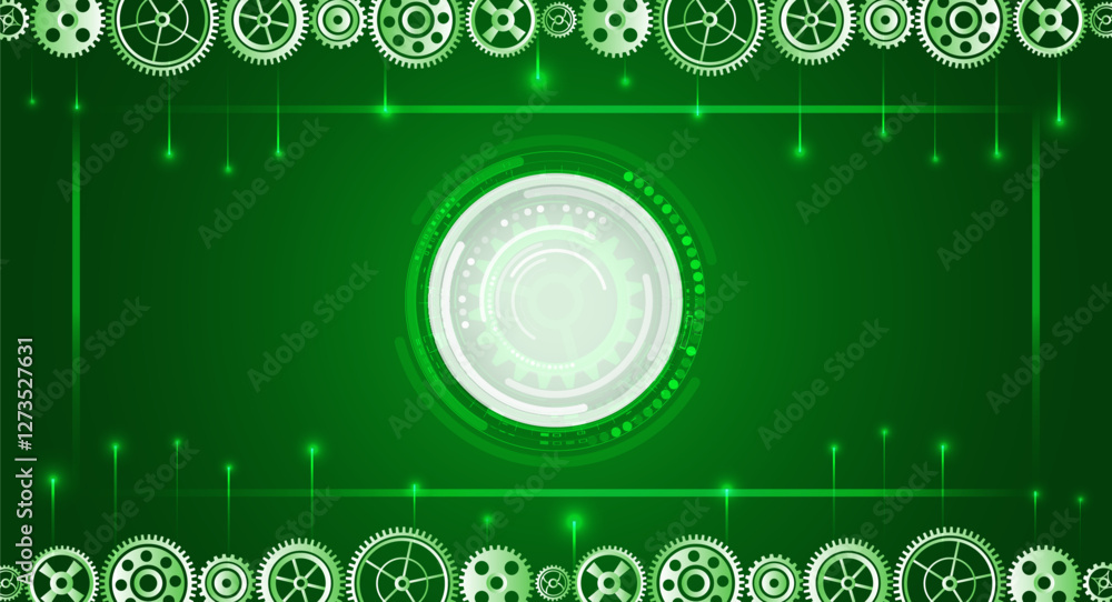 Poster The mechanism consisting of gears on a green background for the presentation. Cogwheel for science experiment presentation. Mechanical engineering concept. Business and industry internet banner.