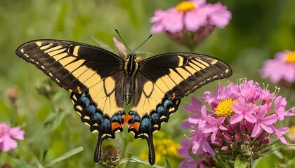 Fototapeta premium Eastern Tiger Swallowtail Butterfly on Pink Flowers