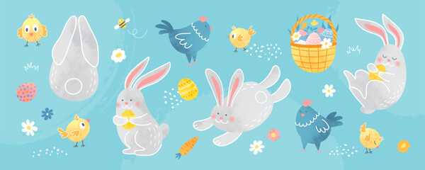 Collection of cute Easter bunnies, hens and chicks. Cartoon funny animals with watercolor texture. Easter eggs, spring flowers, bee, basket on blue background. Vector illustration.