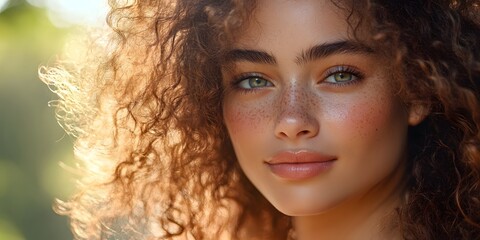 Fototapeta premium Elegant Woman with Curly Hair and Fresh Radiant Skin in Natural Light Setting