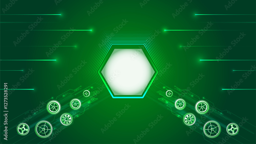 Poster Mechanical engineering concept. Business and industry internet banner. The mechanism consisting of gears on a green background for the presentation. Cogwheel for science experiment presentation.