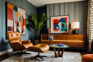Fototapeta premium mid century scandinavian interior design of modern living room with colorful multicolored furniture