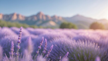 Obraz premium Lavender fields in bloom with mountains in the background during golden hour