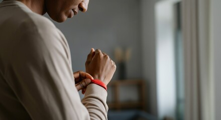Person adjusting fitness tracker, focus on wrist