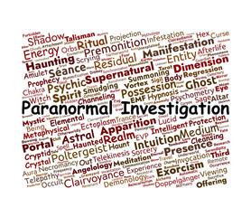 Paranormal Investigation Word Cloud. Key Topics in Supernatural Research and Ghost Hunting