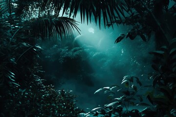 Naklejka premium Mysterious, dark green jungle scene.