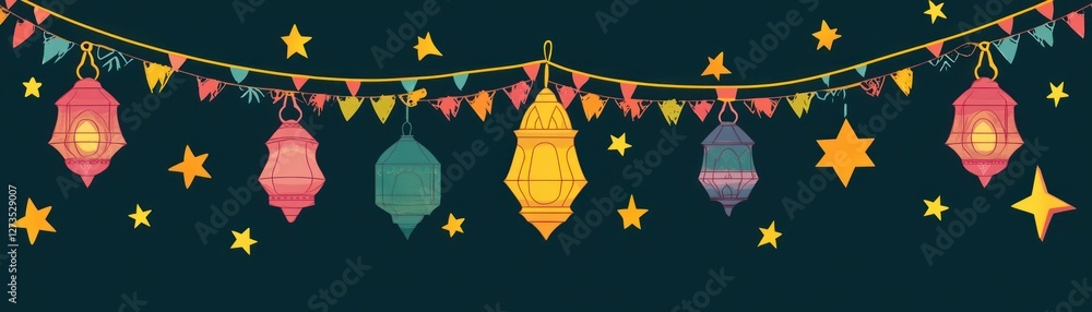 Poster Colorful lanterns and stars hang from a string of flags