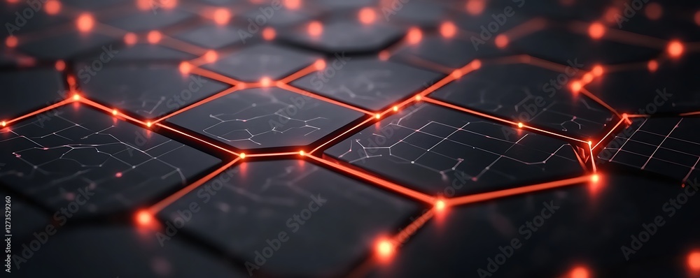 Aufkleber abstract network of interconnected dark hexagonal panels with glowing orange lines