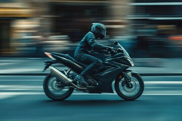 Urban Rider: A Dynamic Motorcyclist Speeds Through City Streets, Capturing the Thrilling Energy of Modern Urban Life. The Blurred Motion Creates a Sense of Speed and Excitement, Perfect for Projects  