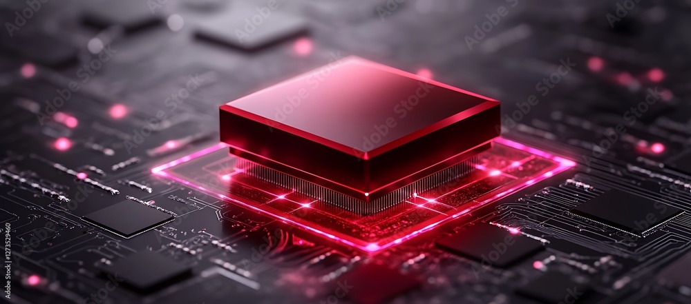 Poster red cpu installed on a futuristic motherboard with glowing circuits