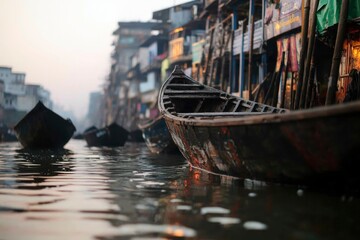Obraz premium Boats sit by homes on a river in Dhaka, Bangladesh. For travel, culture