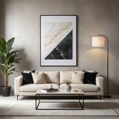 Modern Living Room Interior with Beige Sofa, Marble Coffee Table, and Abstract Art