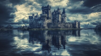 Majestic Castle Reflected On Calm Water Under Cloudy Skies. Fantasy Concept.