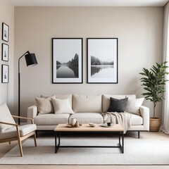 Modern Beige Living Room Interior with Cozy Sofa and Lake View Artwork