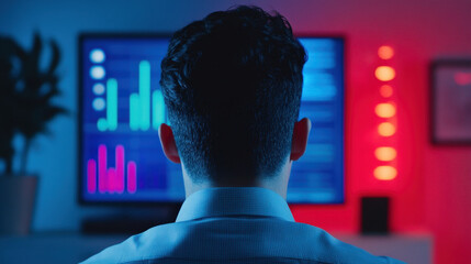 man is focused on large monitor displaying colorful data visualizations in modern workspace. ambient lighting creates tech savvy atmosphere, enhancing analytical mood
