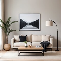 Modern Living Room Interior with Beige Sofa and Mountain Lake Artwork