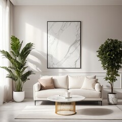 Modern Living Room Interior with Beige Sofa and Marble Coffee Table
