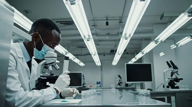 Doctor conducting research in a cleanroom.