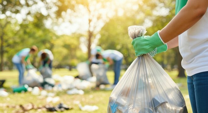 Group cleaning up park, holding trash bags, sunny day