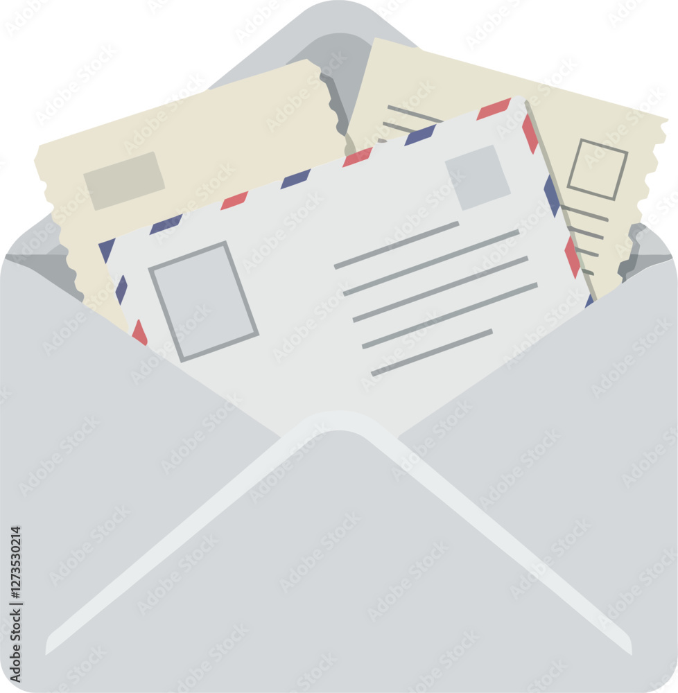 Poster envelope containing multiple letters and postcards in flat vector art
