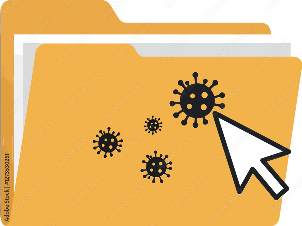 Poster yellow folder with virus icons and cursor in flat vector art