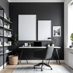 Modern Home Office Workspace with Black Walls and Minimalist Decor
