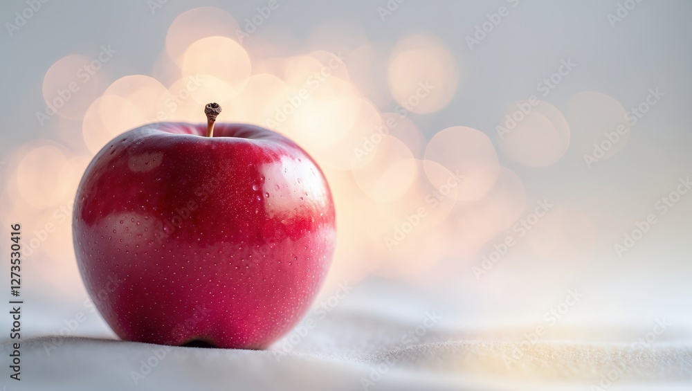 Poster fresh red apple resting on soft fabric with blurred bokeh background creating a warm atmosphere