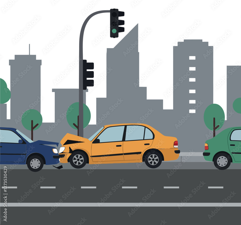 Poster car collision scene in urban setting with flat vector art style