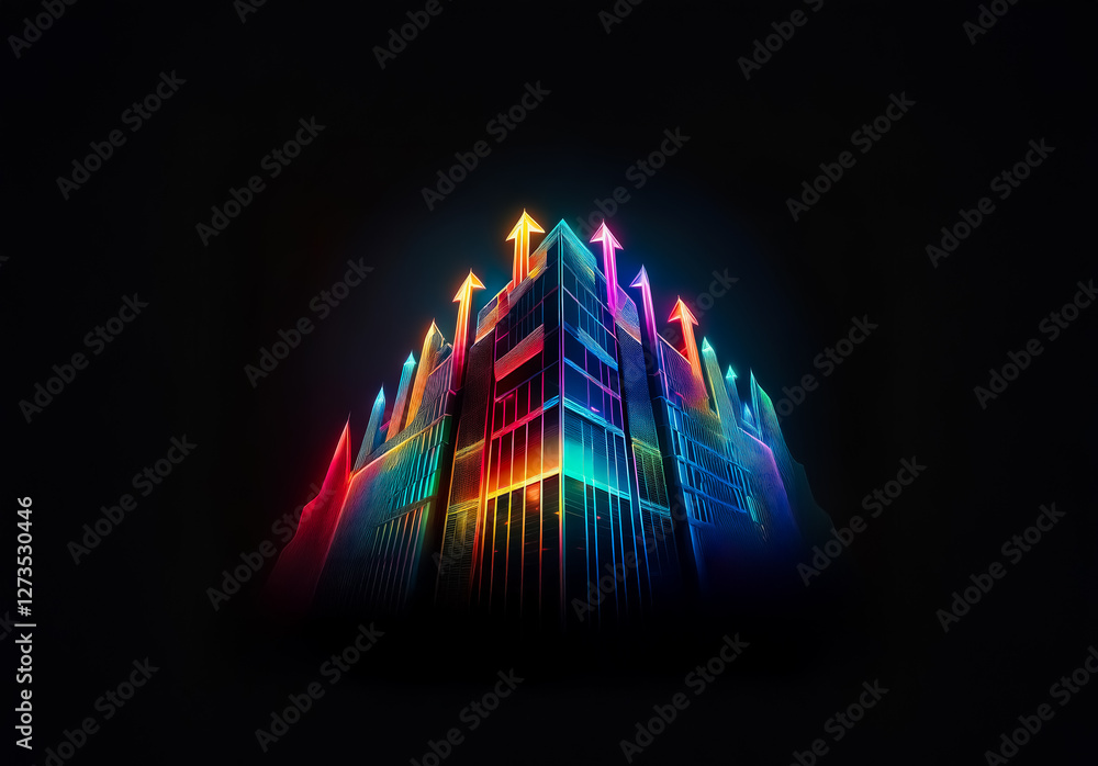 Poster Shenzhen, China - Unknown Date : Abstract glowing structure with upward arrows in vibrant neon colors against a dark backdrop. Geometric shapes create a dynamic and modern feel.