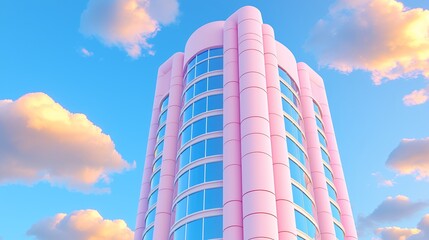 Pixelated Pink Cylindrical Building Against a Bright Blue Cloudy Sky During Daytime
